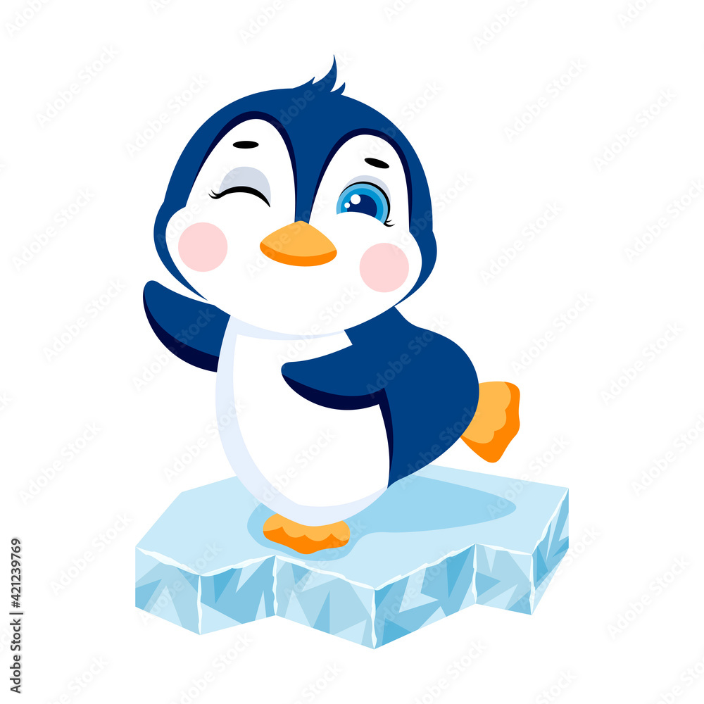 Obraz premium Cute penguin on an ice floe. Penguin icon or mascot vector illustration