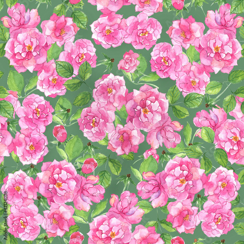 Floral seamless pattern. A bouquet of pink roses with green leaves on a green background. It can be used to create fabrics, wallpaper, and paper. Watercolour.