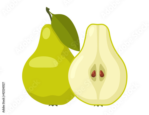 Green whole and sliced pears with leaf. Pear flat vector illustration