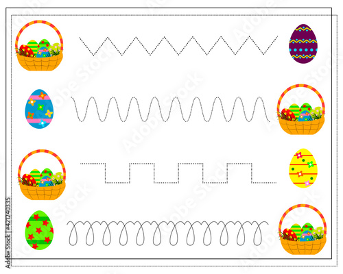 Practice handwriting, circle the line. Easter eggs, Easter basket. Vector isolated on a white background