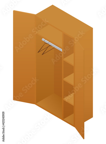 Empty isometric wardrobe, brown rustic furniture. Vector illustration cabinet, isolated on white.