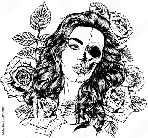 draw in black and white of illustration head skull girl with roses around