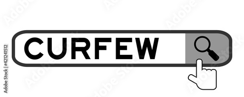 Search banner in word curfew with hand over magnifier icon on white background