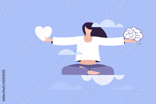 Conceptual illustration of a girl in a meditative pose floating in the clouds and balancing heart and brain in her hands