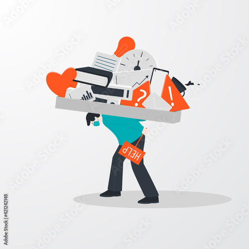 Concept of information overload, digital hygiene. A person in stress asks for help and carries problems on his back. Vector illustration.