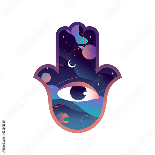 Hamsa of the universe with eye. Vector illustration.