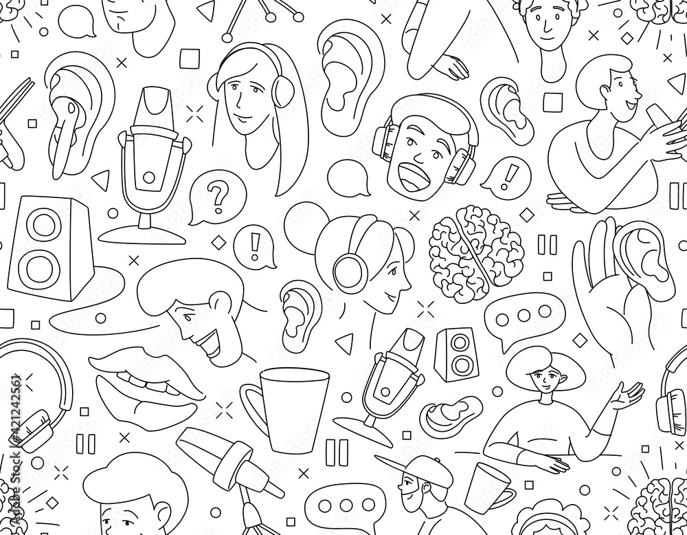Radio host flat vector illustration seamless pattern. Media doodle drawing. Radio host flat vector illustration seamless pattern. Media doodle drawing.