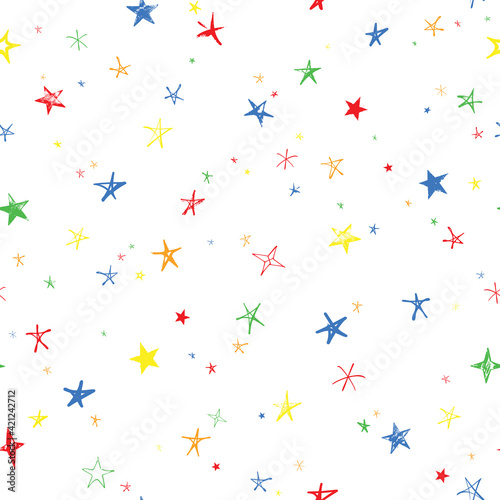 Seamless pattern with colorful hand drawn vector stars isolated on white background. 