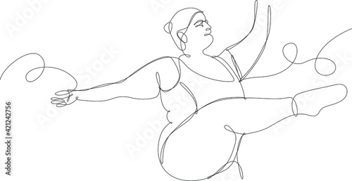 Continuous line vector illustration of curvy woman dancing. Concept of lightness of the curvy female body. Black line on white background