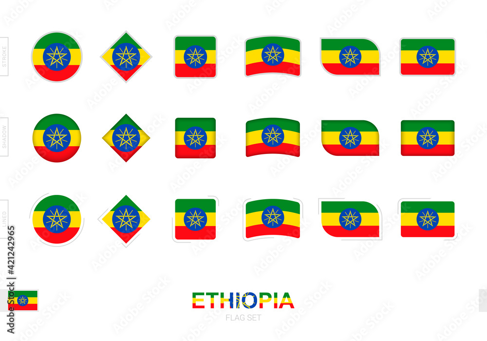 Ethiopia flag set, simple flags of Ethiopia with three different effects. Ethiopia flag set, simple flags of Ethiopia with three different effects.