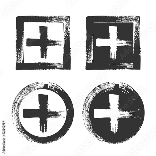 Set of plus symbols. Sign in hand drawn style. Illustration isolated on white background.