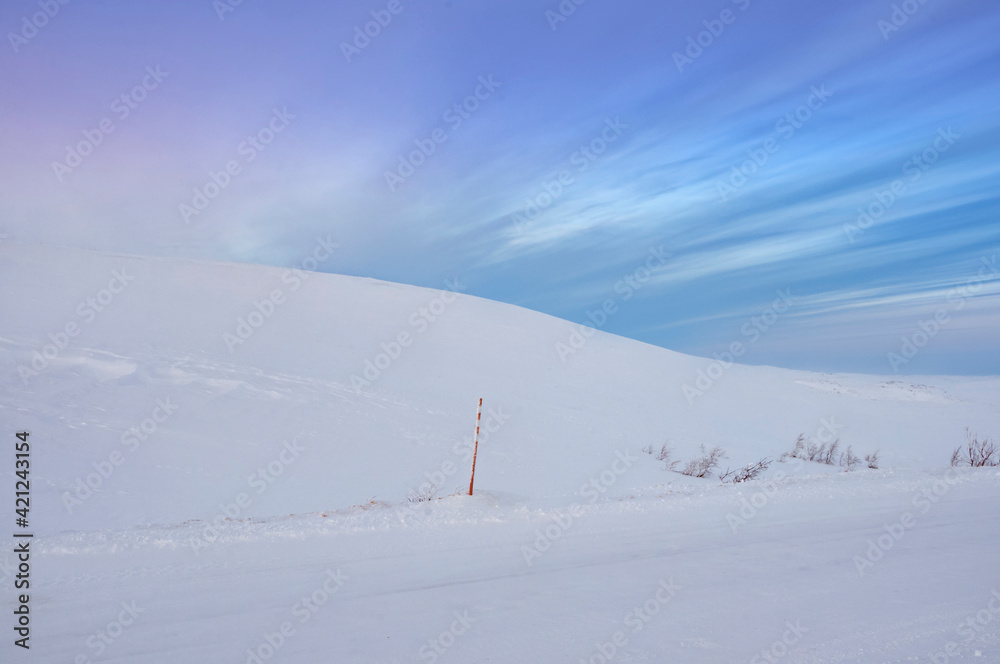 Scenic minimal view of tundra, dramatic blue sky and white snow. Morning arctic simple winter landscape in Murmansk region of Russia