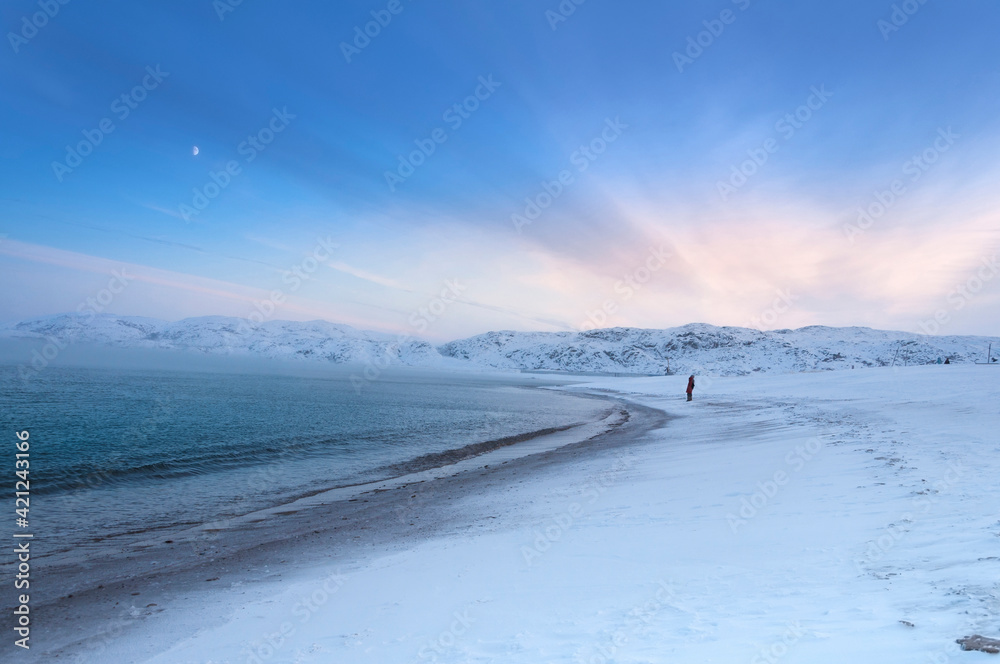 Scenic seascape of Barents Sea coastline in village Teriberka. Morning arctic winter landscape in Murmansk region of Russia