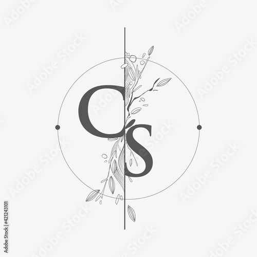 Letter CS Initial Logo with Hand Draw Floral, Initial Wedding Font Logo with Circle and Flowers.