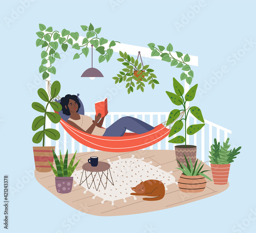Young black woman relaxing in hammock on the terrace. Girl reading book on the balcony. Home garden and cute exterior design. Modern illustration.