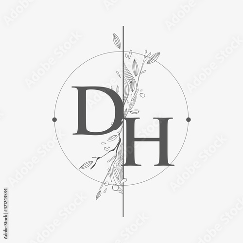 Letter DH Initial Logo with Hand Draw Floral, Initial Wedding Font Logo with Circle and Flowers.