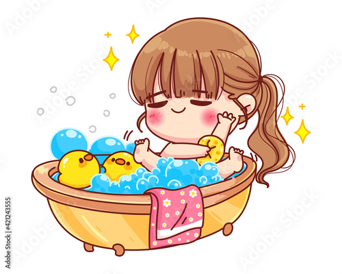 Cute girl taking bath with duck toy and bubbles cartoon illustration