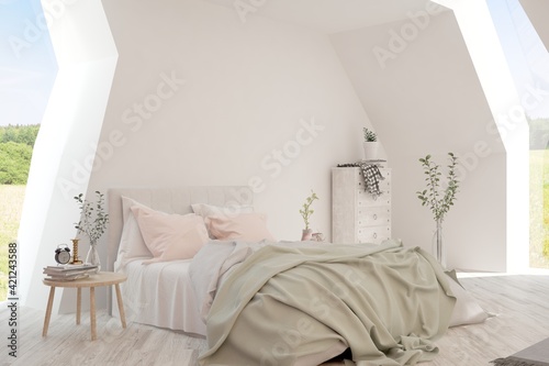 Stylish bedroom in white color with winter landscape in window. Scandinavian interior design. 3D illustration