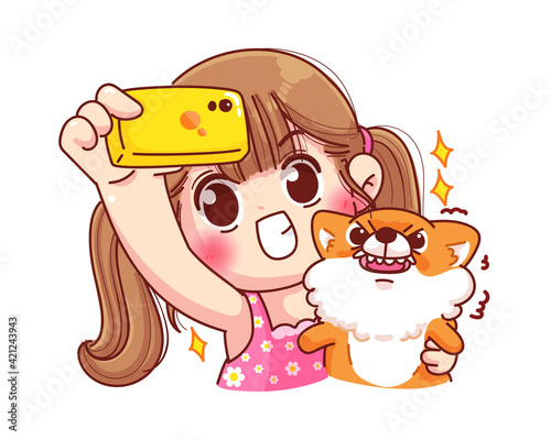 Cute girl making selfie with her dog cartoon illustration