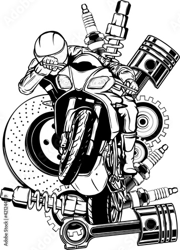 draw in black and white of Vector illustration of motorbike with Spares design