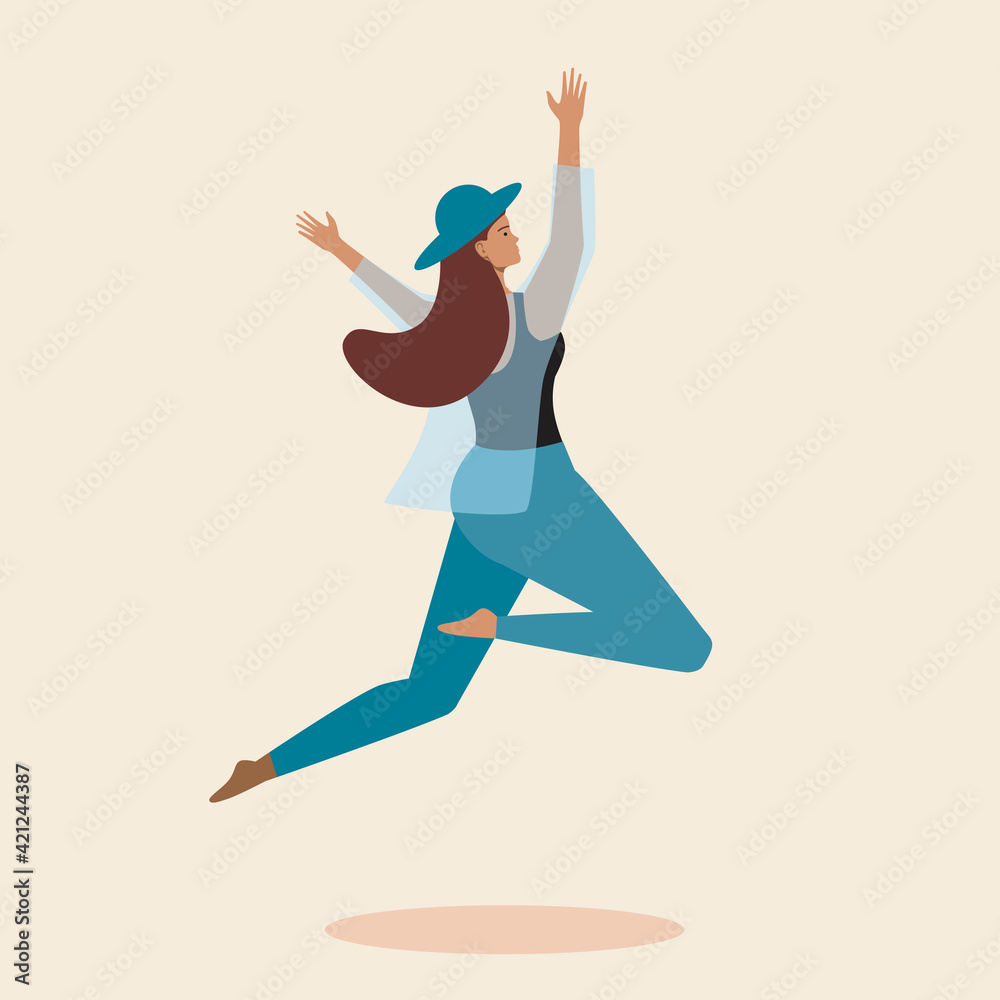 Modern woman jumping isolated, Flat vector stock illustration with beautiful happy person