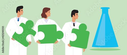 Men and women Scientists and flask as teamwork, scientific flat vector stock illustration with medics or doctors in laboratory