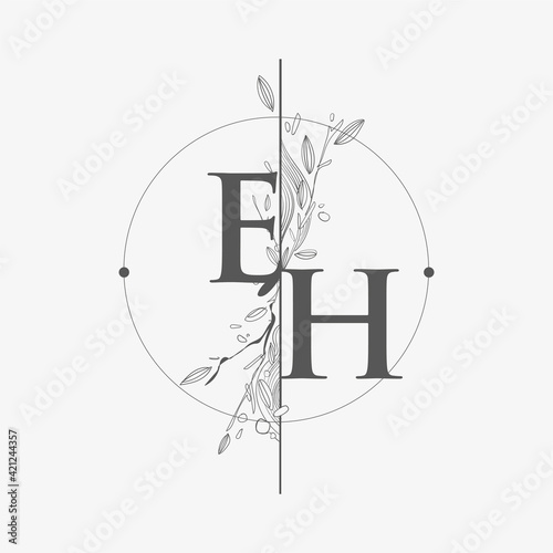 Letter EH Initial Logo with Hand Draw Floral, Initial Wedding Font Logo with Circle and Flowers.