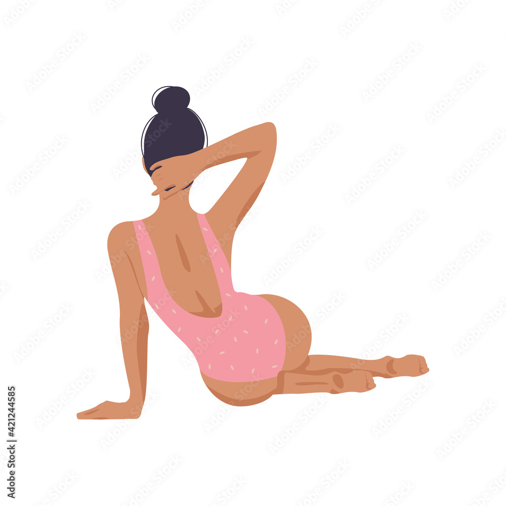 Hand drawn abstract graphic cartoon summer time illustrations with relaxing girl in pink swimsuit on white background Hand drawn abstract graphic cartoon summer time illustrations with relaxing girl in pink swimsuit on white background