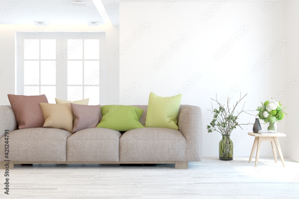 Fototapeta premium White living room with sofa. Scandinavian interior design. 3D illustration