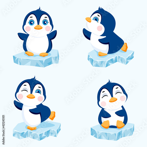 Set of cute penguins on an ice floe. Collection penguins icons or mascots vector illustration
