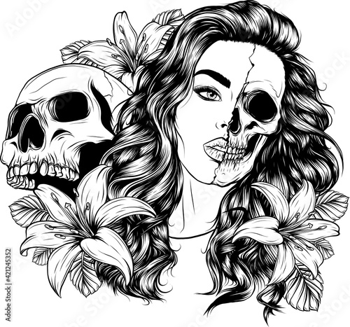 draw in black and white of woman face with skull and flower illustration