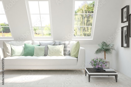 White living room with sofa and summer landscape in window. Scandinavian interior design. 3D illustration