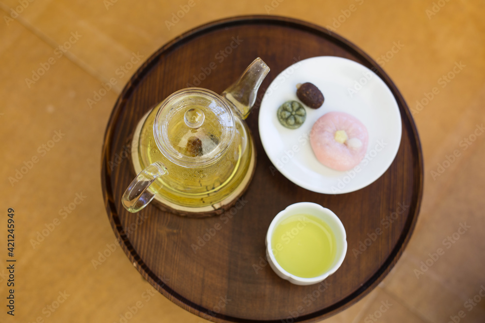 flower tea in glass teapot in traditional cafe in Seoul. flower tea in glass teapot in traditional cafe in Seoul.