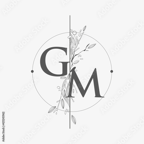 Letter GM Initial Logo with Hand Draw Floral, Initial Wedding Font Logo with Circle and Flowers.