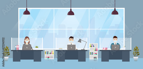 New normal is social distancing and wearing masks.Business office people maintain social distancing meeting room.