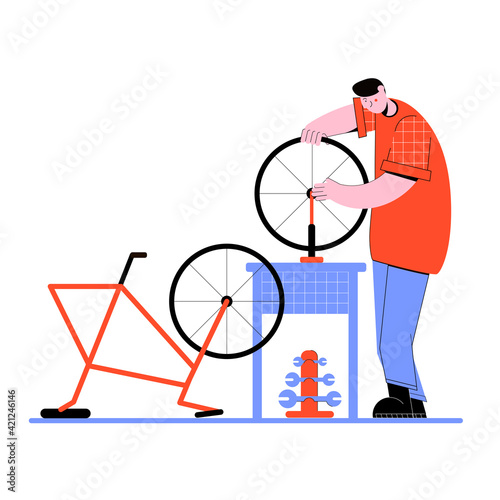 man drawn in a flat vector style repairs a bicycle wheel on a table in a workshop