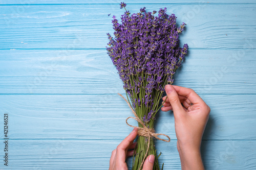 lavender bouquet on a blue background
