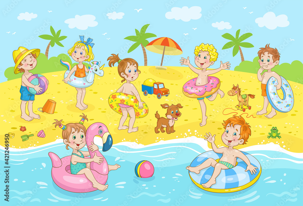A group of cute happy kids are relaxing on the sea beach. Children swim in inflatable rubber circles, play and sunbathe. Colorful picture in cartoon style. Vector illustration.