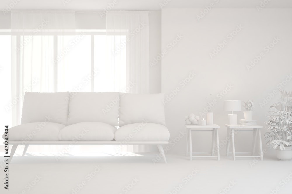 White minimalist living room with sofa. Scandinavian interior design. 3D illustration