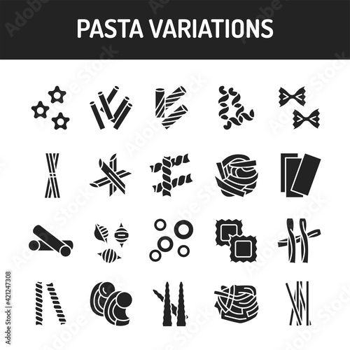 Original italian pasta variations black glyph icons set. Isolated vector element. Outline pictograms for web page, mobile app, promo.
