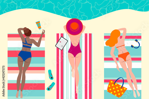 Summertime sunbathing sexy woman, girl, beach, pool party concept design background  with, towel, suntan cream, headphone, tablet, flip flops, slippers. Top view vector Illustration