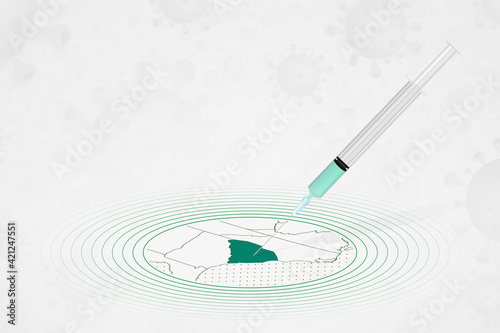 South Carolina vaccination concept, vaccine injection in map of South Carolina. Vaccine and vaccination against coronavirus, COVID-19.