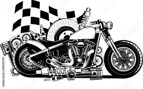 draw in black and white of Vector Motorcycle with Spares and race flag
