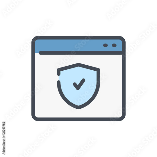 Website with shield and check mark color line icon. Privacy protection and online secure vector outline colorful sign.