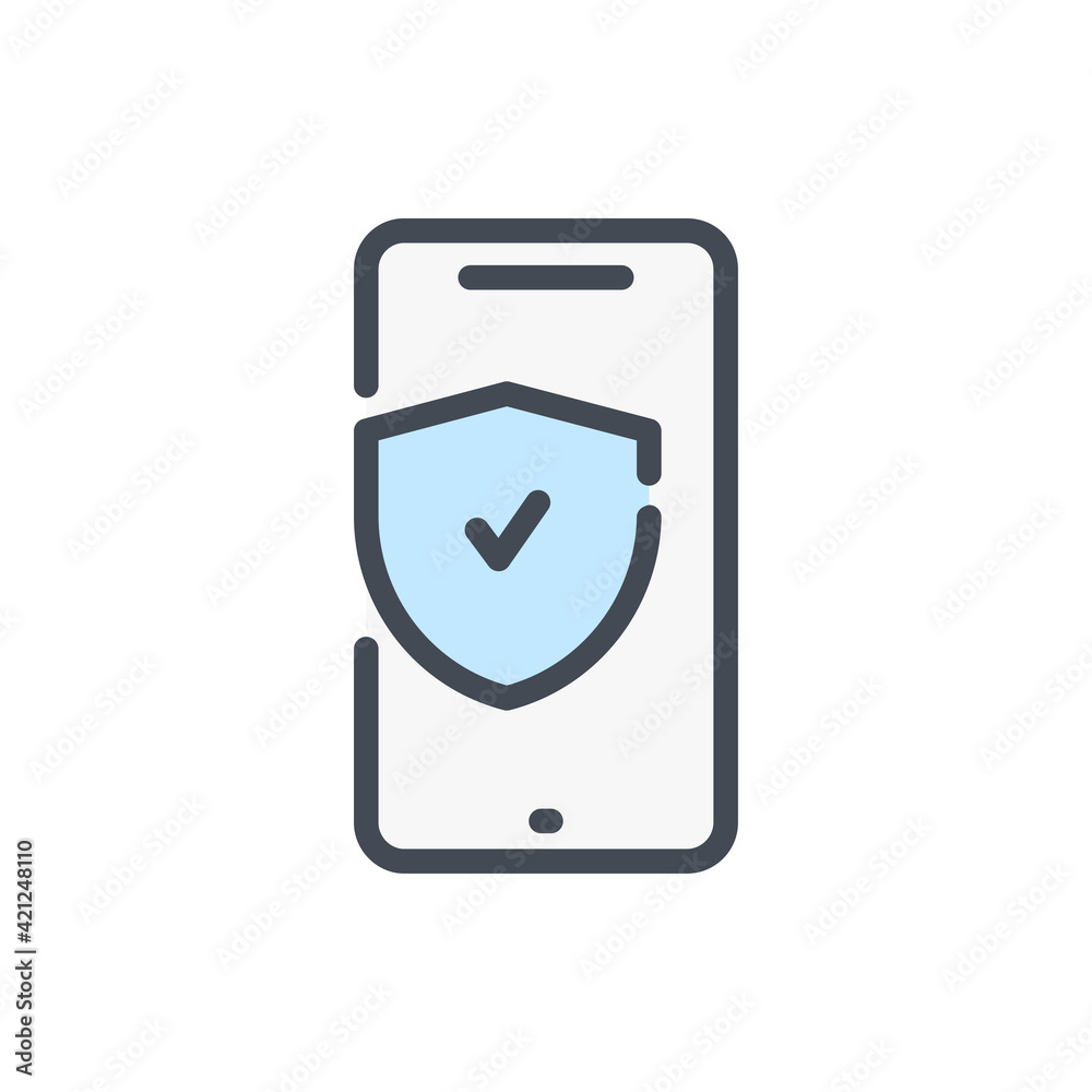 Mobile phone with shield and check mark color line icon. Mobile protection and Device secure vector outline colorful sign. Mobile phone with shield and check mark color line icon. Mobile protection and Device secure vector outline colorful sign.