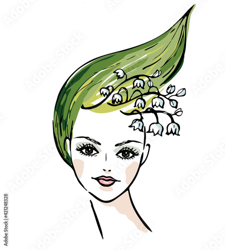 Colorful portrait of girl with hair shaped like a lily of the valley flower. Woman with leaf and flowers on head. Image concept for the horoscope. Hand drawn, vector, isolated on white background.