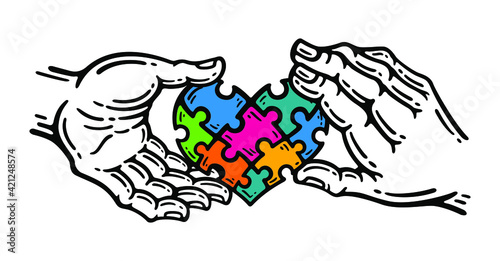 illustration of puzzle pieces in love heart shape with hand illustration symbolizing help