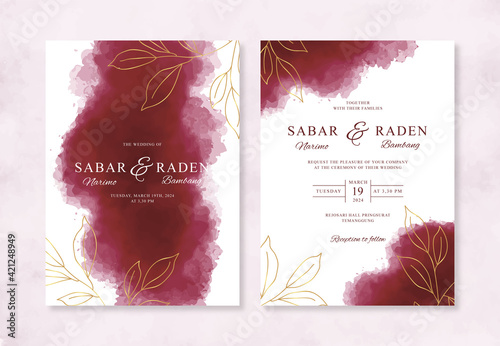 Elegant wedding invitation with watercolor splash and gold hand drawn