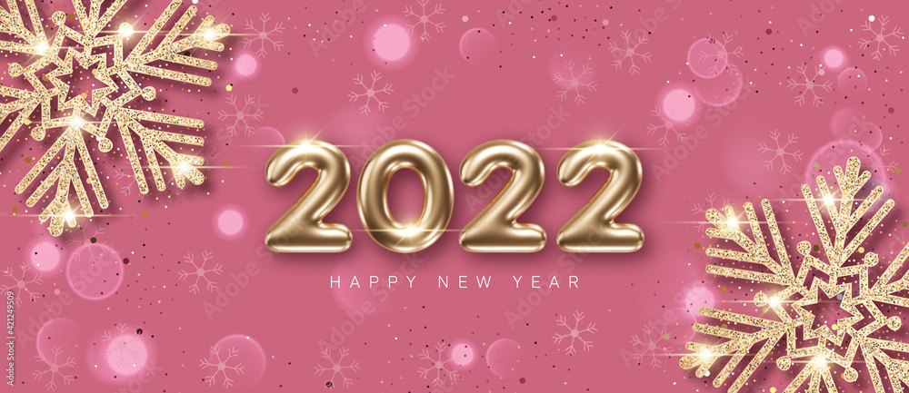 2022 New Year card template with decorative snowflakes and glittering 3d numbers on pink background
