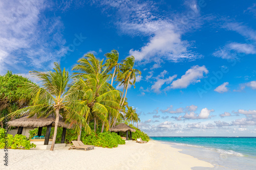Fototapeta Naklejka Na Ścianę i Meble -  Perfect tropical island paradise beach. Summer nature view, blue sky, green palm trees. Idyllic beach nature view, relax, inspire vacation and exotic holiday. Amazing travel destination, luxury scene